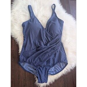 Miraclesuit Navy with White Polka Dot One-Piece Swimsuit Estimated XL
